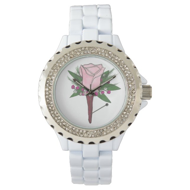 Pink Rose Boutonniere Floral Prom Wedding Watch Armbanduhr (Vorderseite)