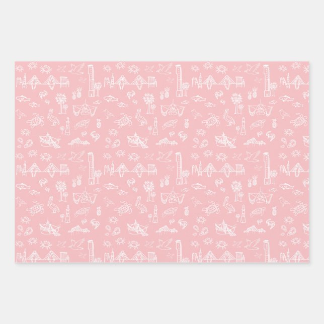 Pink Rose Charleston Toile Wrapping Paper Geschenkpapier Set (Vorderseite)