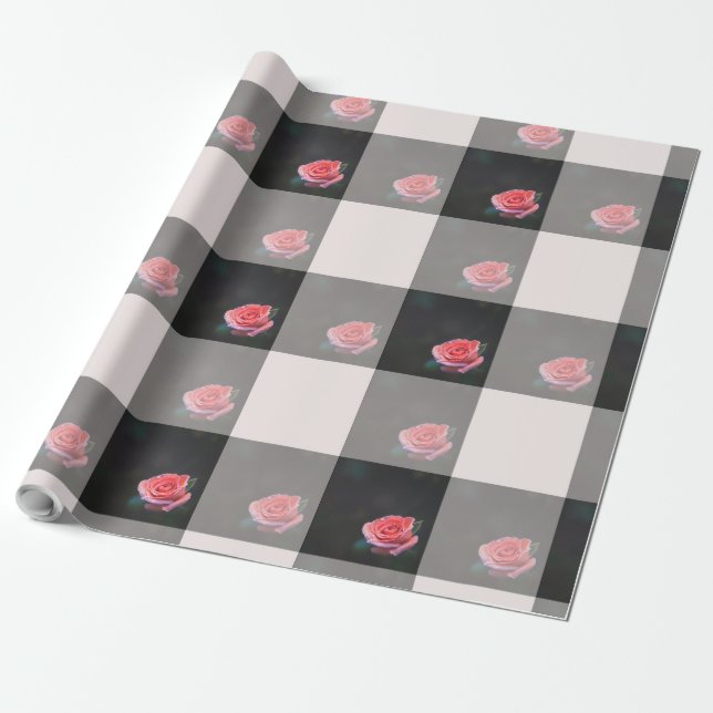 Pink rose checkered pattern geschenkpapier (Ungerollt)