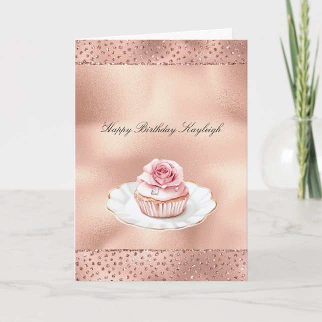 Pink Rose Cupcake Gold Glam Glitter Birthday   Karte (Vorderseite)