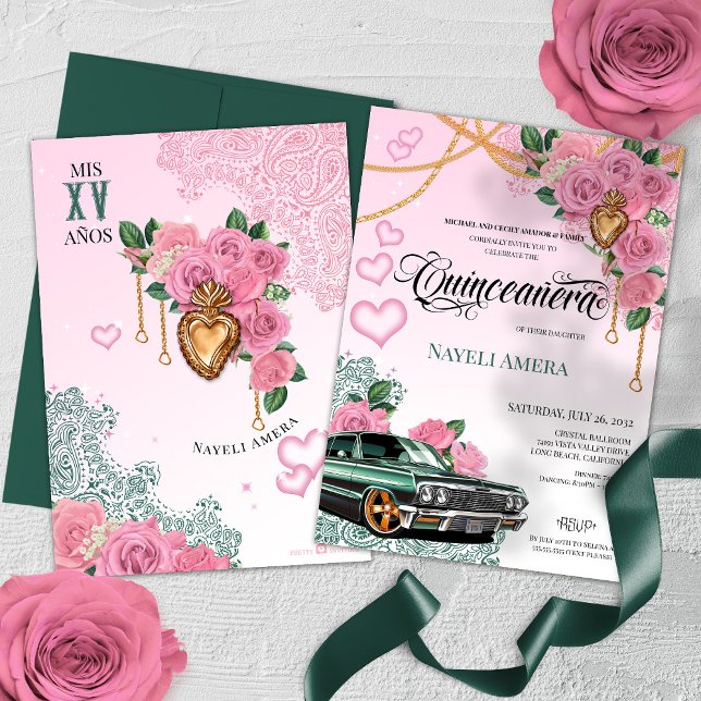 Pink Rose Emerald Green Chola Lowrider Quinceanera Einladung (Von Creator hochgeladen)