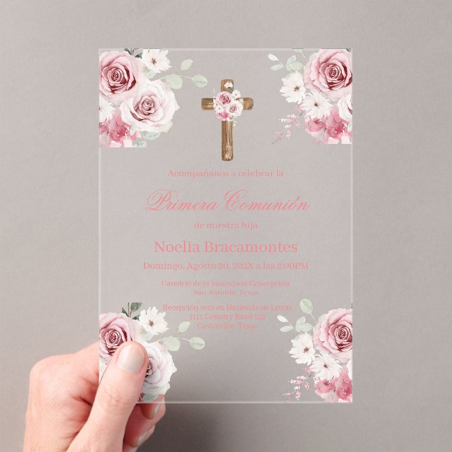 Pink rose first communion invitation in spanish  acryleinladungen (Insitu (Handheld))