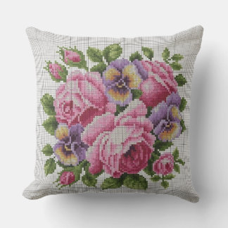 Pink Rose Floral Cross Stitch Throw Pillow Kissen
