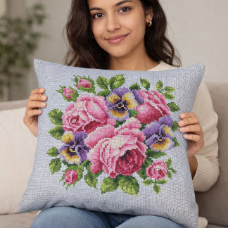 Pink Rose Floral Cross Stitch Throw Pillow Kissen