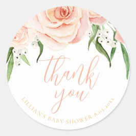 Pink Rose Floral Girl Baby Shower Thank You Runder Aufkleber