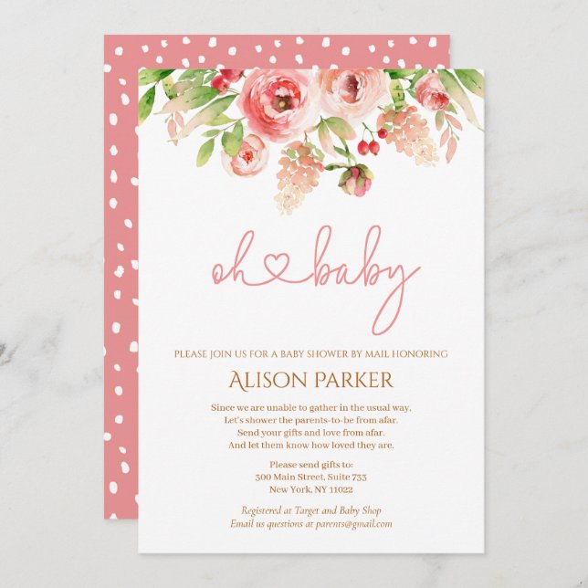 Pink Rose Floral Greenery Girl Baby Shower by Mail Einladung (Vorne/Hinten)