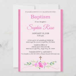 Pink Rose Floral Watercolor Cross Stripe Baptism Einladung