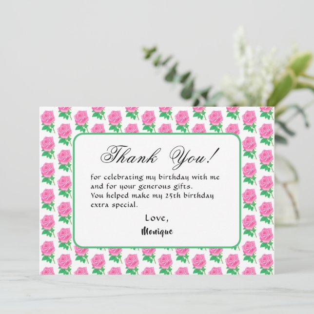 Pink Rose Geburtstag Danke Karte (Stehend Vorderseite)