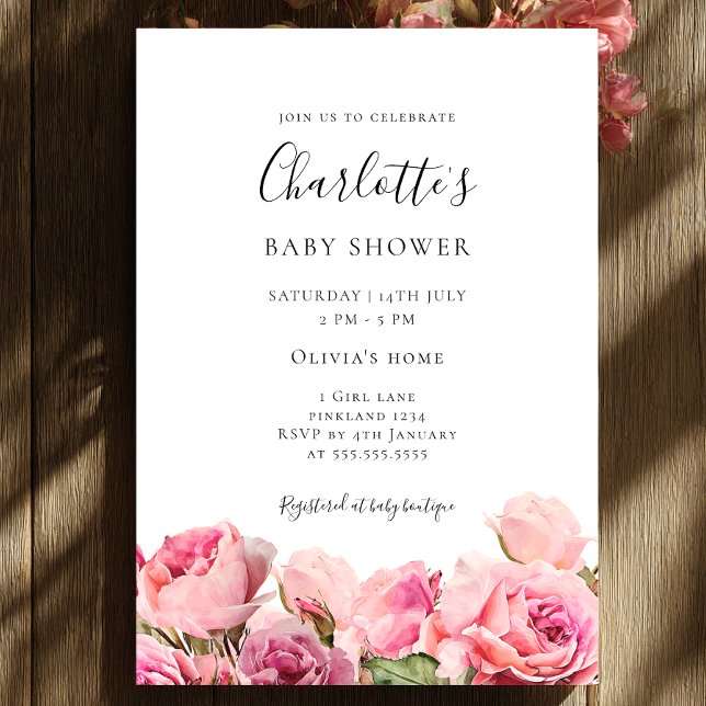 Pink Rose Girl Baby Shower Invitation Einladung (Von Creator hochgeladen)