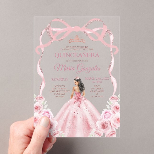 Pink Rose Gold Bow Crown Princess Girl Quinceañera Acryleinladungen (Insitu (Handheld))