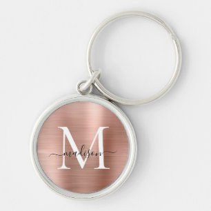 Pink Rose Gold Brushed Metal Monogram Girly Script Schlüsselanhänger