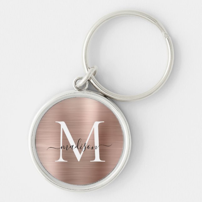 Pink Rose Gold Brushed Metal Monogram Girly Script Schlüsselanhänger (Vorne)
