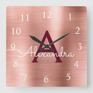 Pink Rose Gold Burgundy Metallic Monogram Name Quadratische Wanduhr