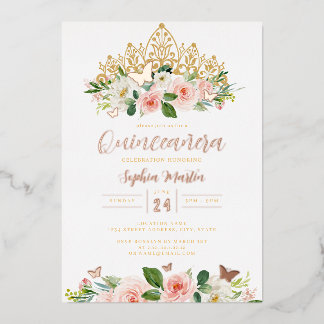 Pink Rose Gold Floral Butterfly Tiara Quinceanera Folieneinladung