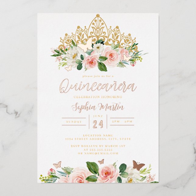 Pink Rose Gold Floral Butterfly Tiara Quinceanera Folieneinladung (Vorderseite)