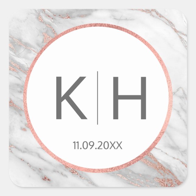 PINK ROSE Gold FOIL Marmor Wedding Monogram Siegel Quadratischer Aufkleber (Vorderseite)