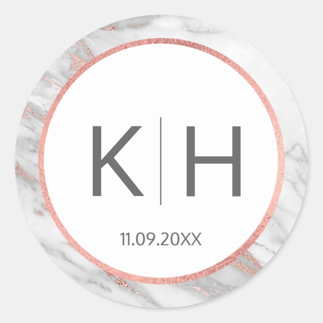 PINK ROSE Gold FOIL Marmor Wedding Monogram Siegel Runder Aufkleber (Vorderseite)