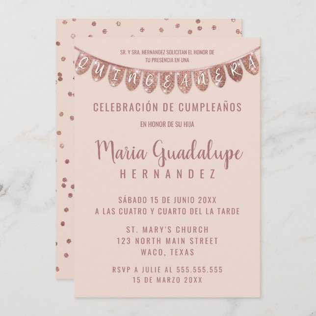 Pink Rose Gold Glitter Banner Español Quinceañera Einladung (Vorne/Hinten)