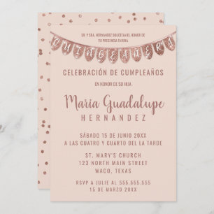 Pink Rose Gold Glitter Banner Español Quinceañera Einladung