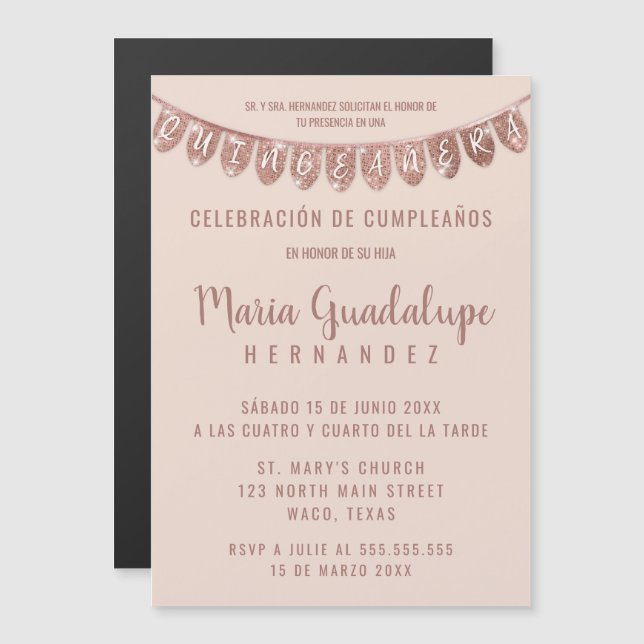 Pink Rose Gold Glitter Banner Español Quinceañera Magneteinladung (Vorne/Hinten)