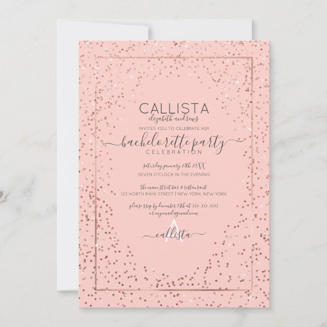 Pink Rose Gold Glitzer Confetti Bachelorette Einladung (Vorderseite)
