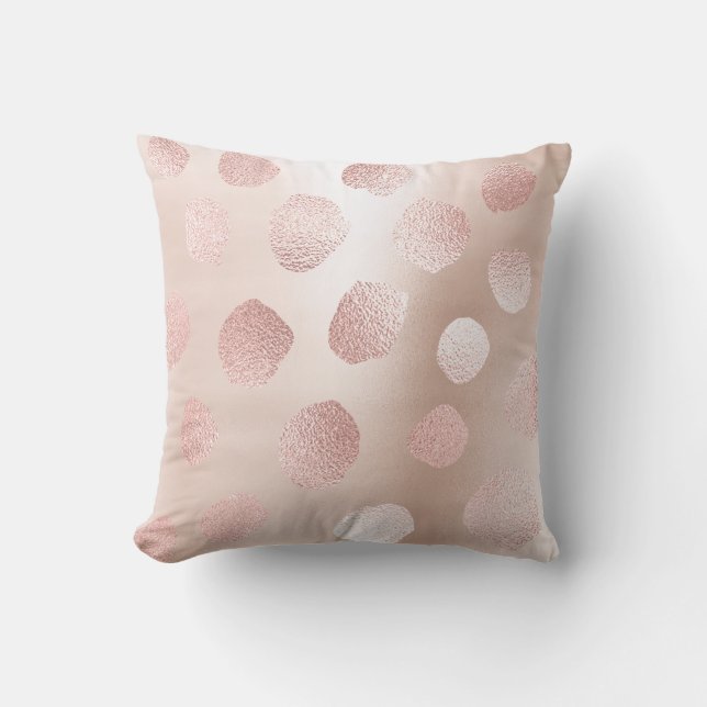 Pink Rose Gold lackierte Metallpolka Dots Extravag Kissen (Vorderseite)