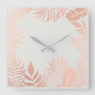 Pink Rose Gold Metallic Grey Palm Botanical Pastel Quadratische Wanduhr