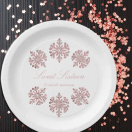 Pink Rose Gold Snowflake Winter Sweet 16 Pappteller
