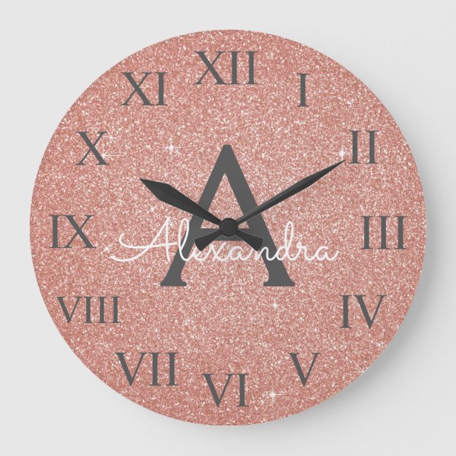 Pink Rose Gold Sparkle Glitter Monogram Name Große Wanduhr (Vorderseite)