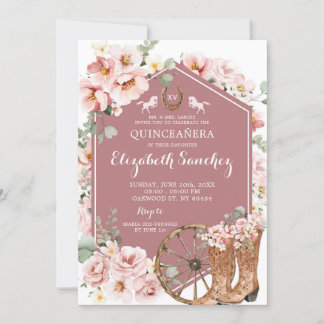 Pink Rose Gold Western Charra Quinceañera Einladung
