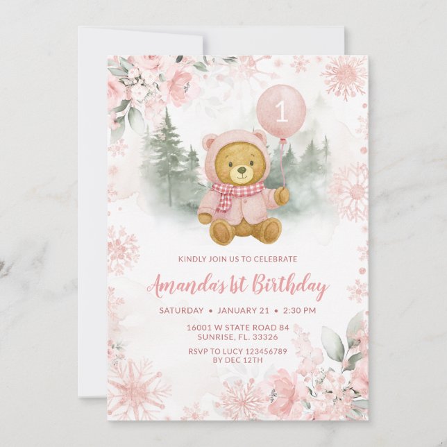 Pink Rose Gold Winter Bear Balloon 1st Birthday Einladung (Vorderseite)