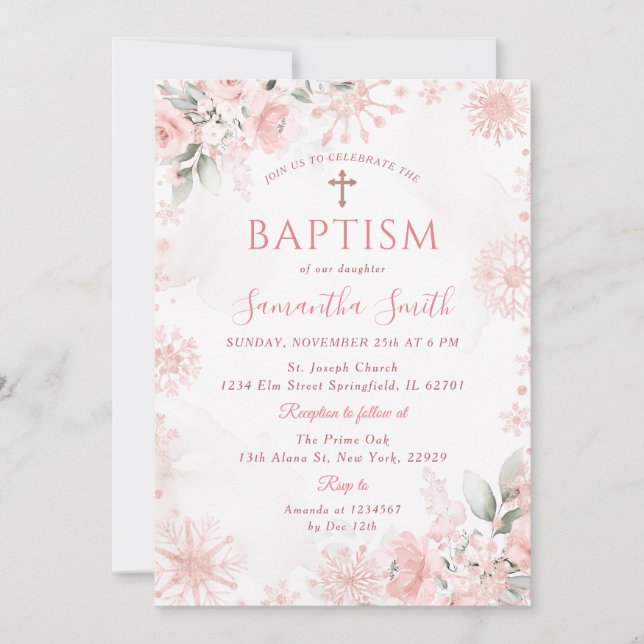 Pink Rose Gold Winter Floral Cross Girl Baptism Einladung (Vorderseite)