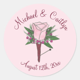 Pink Rose Groom Boutonniere Wedding Save the Date Runder Aufkleber