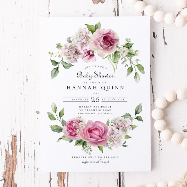 Pink Rose Hydrangea Blumenarch Girl Babydusche Einladung (Von Creator hochgeladen)