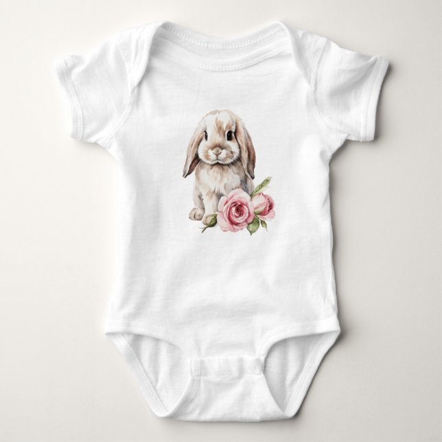Pink Rose Lose Eared Bunny Baby Bodysuit Baby Strampler (Vorderseite)