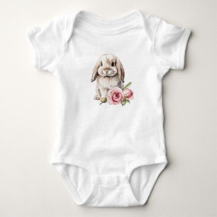 Pink Rose Lose Eared Bunny Baby Bodysuit Strampler
