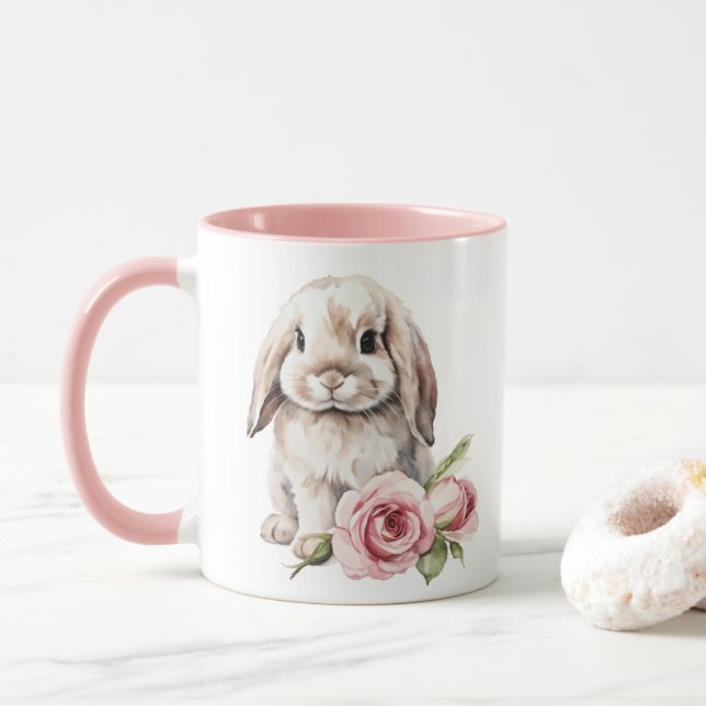 Pink Rose Lose Eared Bunny Rabbit Tasse (Mit Donut)