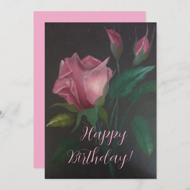 Pink Rose n Rosebuds Flat Greeting Card (Vorne/Hinten)
