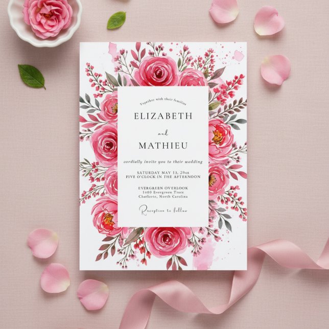 Pink Rose Painterly Romance Wedding Einladung (Von Creator hochgeladen)