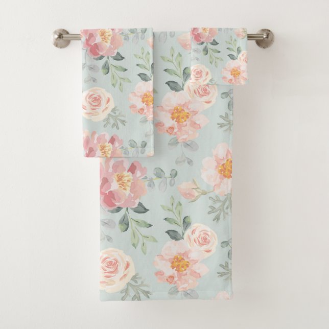 Pink Rose Pastel Garden Muster Badhandtuch Set (Insitu)