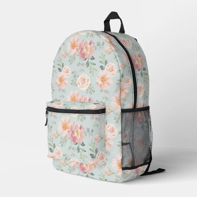 Pink Rose Pastel Garden Muster Bedruckter Rucksack (Rückseitige Ecke Rechts)