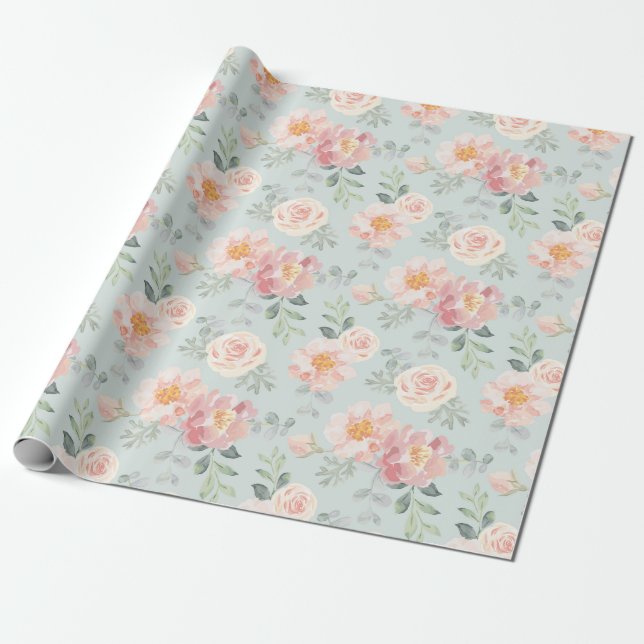 Pink Rose Pastel Garden Muster Geschenkpapier (Ungerollt)