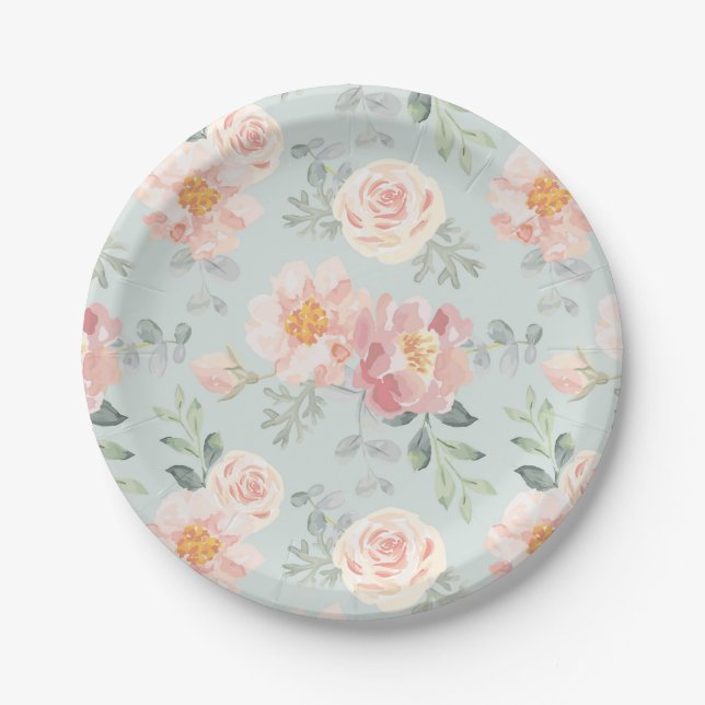 Pink Rose Pastel Garden Muster Pappteller (Vorderseite)