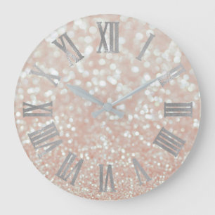 Pink Rose Pastel Gray Silver Metallic Roman Number Große Wanduhr