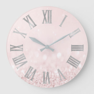 Pink Rose Pastel Powder Glitter Roman Numbers Große Wanduhr