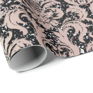 Pink Rose Pearly Metallic Black Damask Glitzer Geschenkpapier