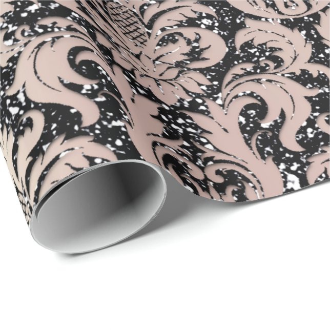 Pink Rose Pearly Metallic Black Damask Glitzer Geschenkpapier (Rolleneckpunkt)