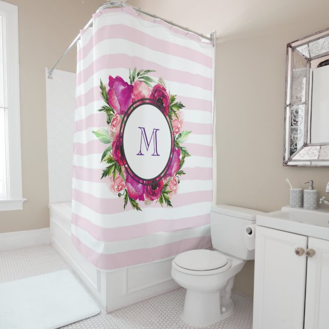 Pink Rose & Poppy Blumenstrauß auf rosa Streifen Duschvorhang (Beispiel)