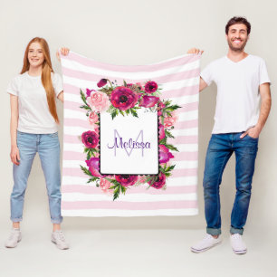 Pink Rose & Poppy Blumenstrauß auf rosa Streifen Fleecedecke