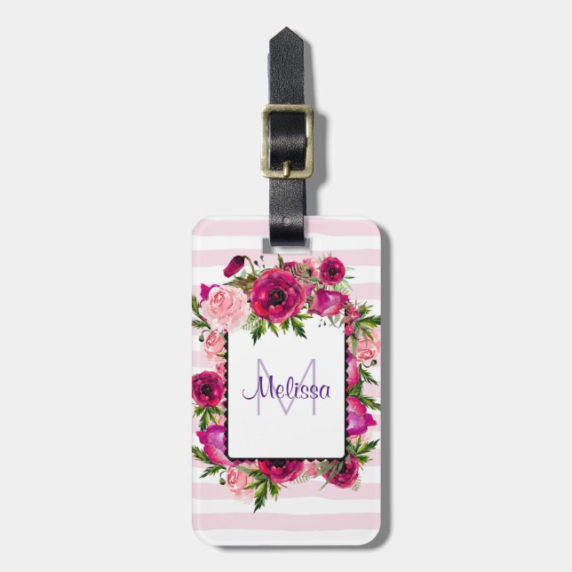 Pink Rose & Poppy Blumenstrauß auf rosa Streifen Gepäckanhänger (Vorderseite vertikal)